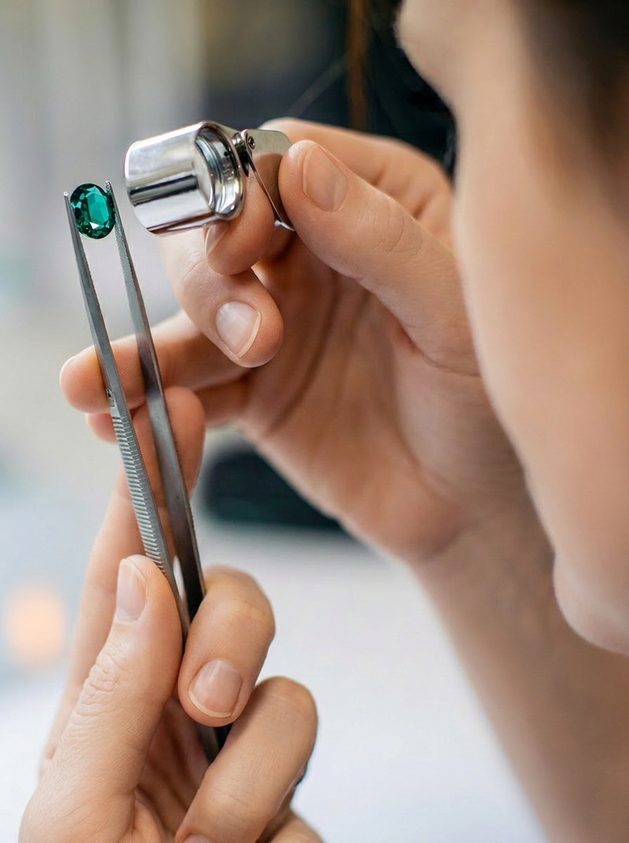 Gemmologo con smeraldo naturale e certificato gemmologico