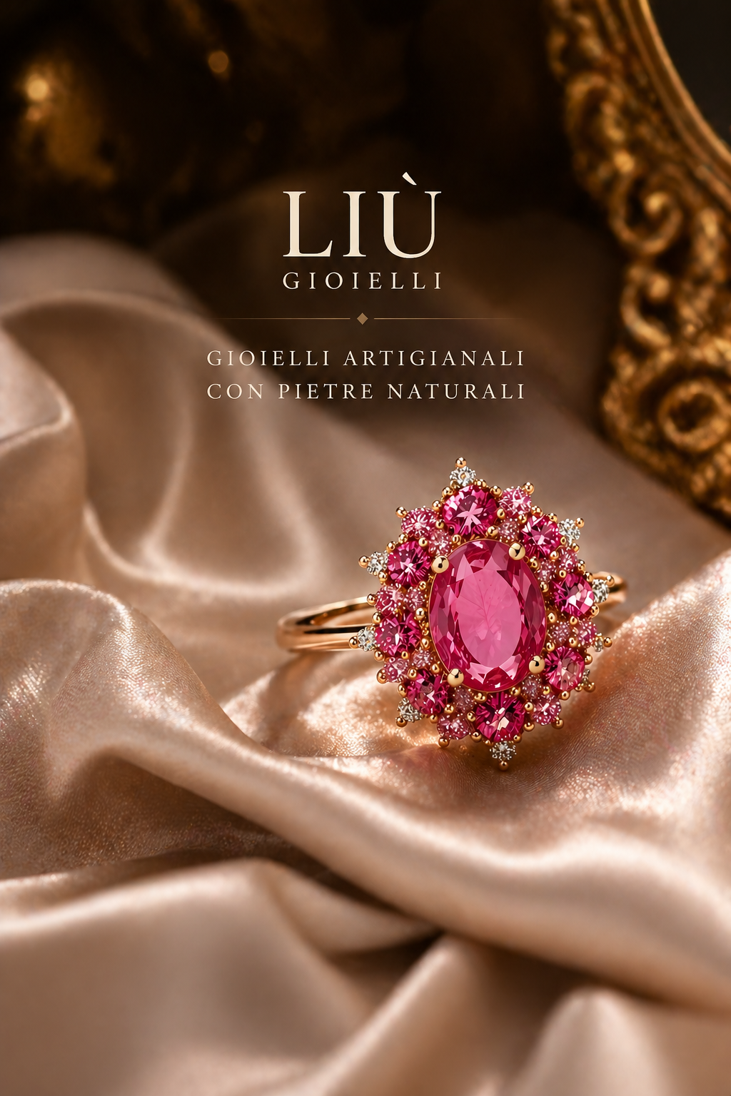 Gioiello Liù in oro rosa con pietra naturale su seta crema