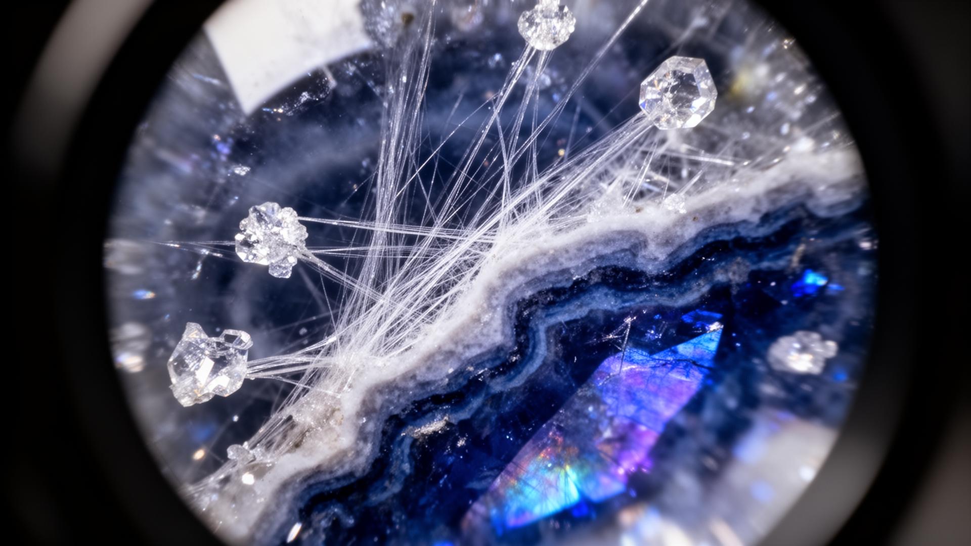 Inclusioni naturali di seta in uno zaffiro viste al microscopio